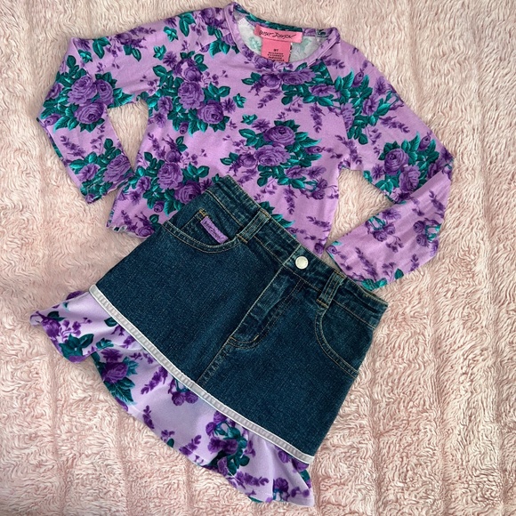 Betsey Johnson Skirt Top Set Denim Velvet Ruffle Lavender Girls 3T Roses Vintage - Picture 2 of 8